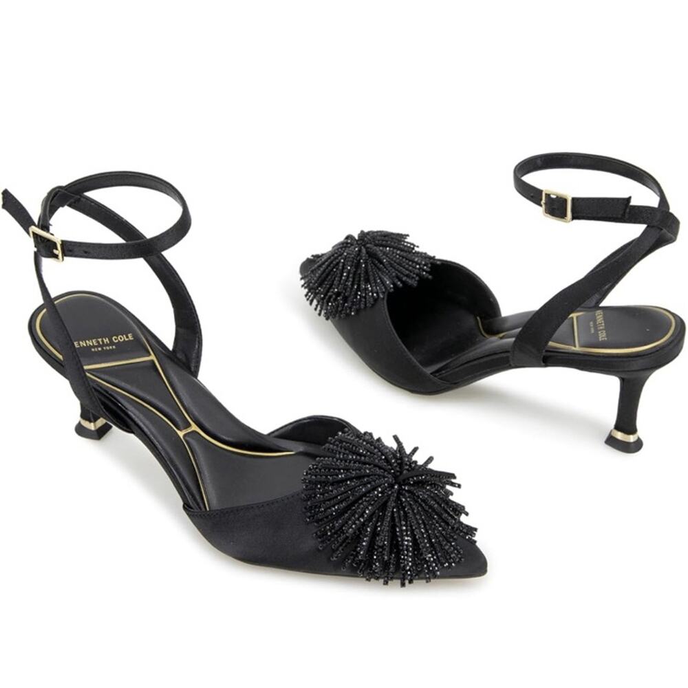 Kenneth Cole New York Women's Umi Pom Pumps Black Satin Size 7.5 NEW